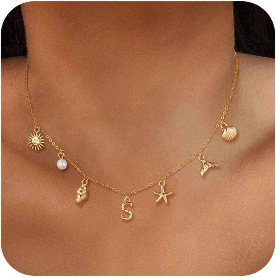 CAROVO Gold Initial Charm Necklace Women Letter A-Z Necklace 14K Gold Plated Charm Pendant Necklace Boho Summer Seashell Beach Starfish Surfer Jewelry - s - 查看 1
