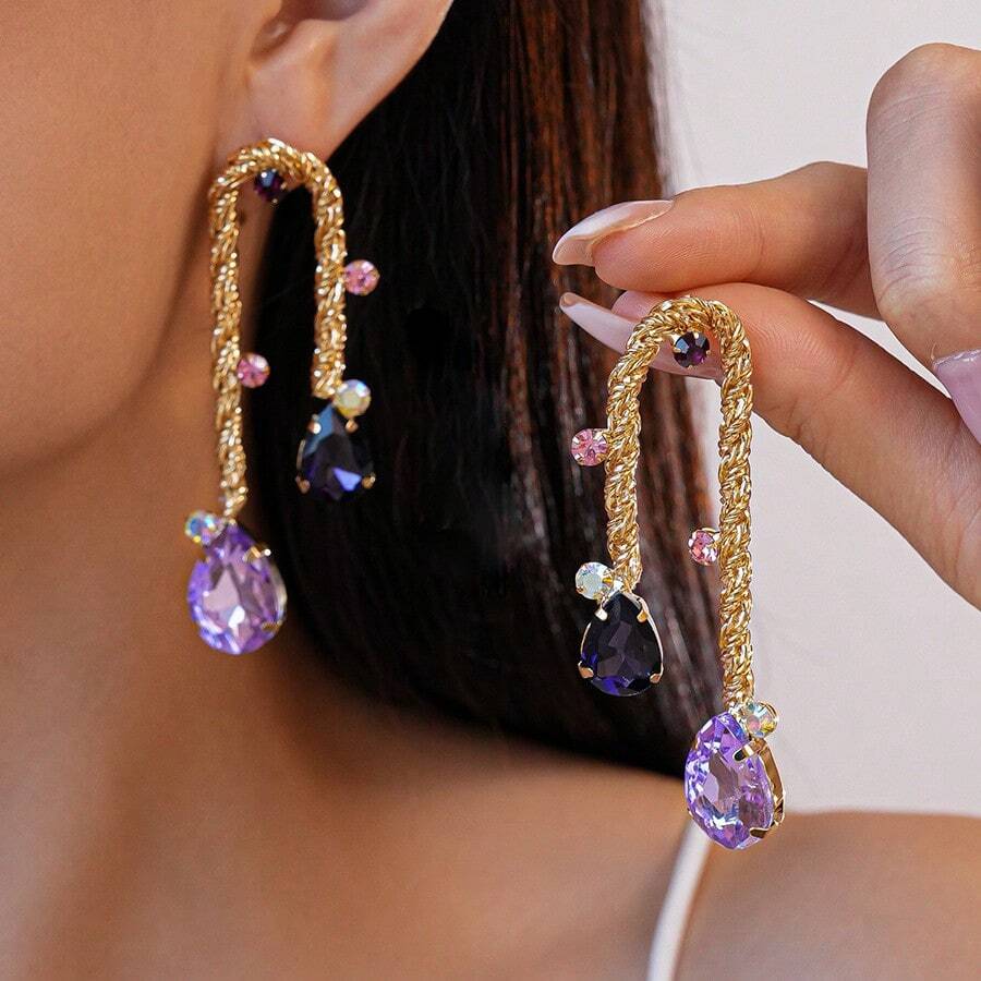 Metallic Weave Drop Tassel Earrings Vintage Unique Niche Fashion Design Sense Elegant Earrings Suitable Attending Events - 紫色 - 查看 1