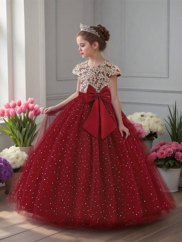 Vestido de recital de piano con mangas cortas, cintura de malla bordada, decoración de moño de satén para niñas preadolescentes, adecuado para actuaciones escolares, fiestas de cumpleaños, no incluye accesorios para el cabello