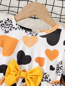 Valentine's Day Heart Print Bow Decor Top + Solid Color Pants, Girls - Yellow - View 3