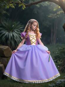 小女孩紫色亮片盖袖网眼公主裙，适合派对