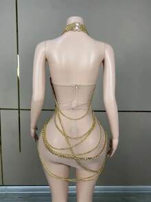 Fashion See Through Nude Mesh Women Dress Shiny Golden Chain Dress Party Bar Wear Singing Stage Performance Costume - 裙子 - 查看 3