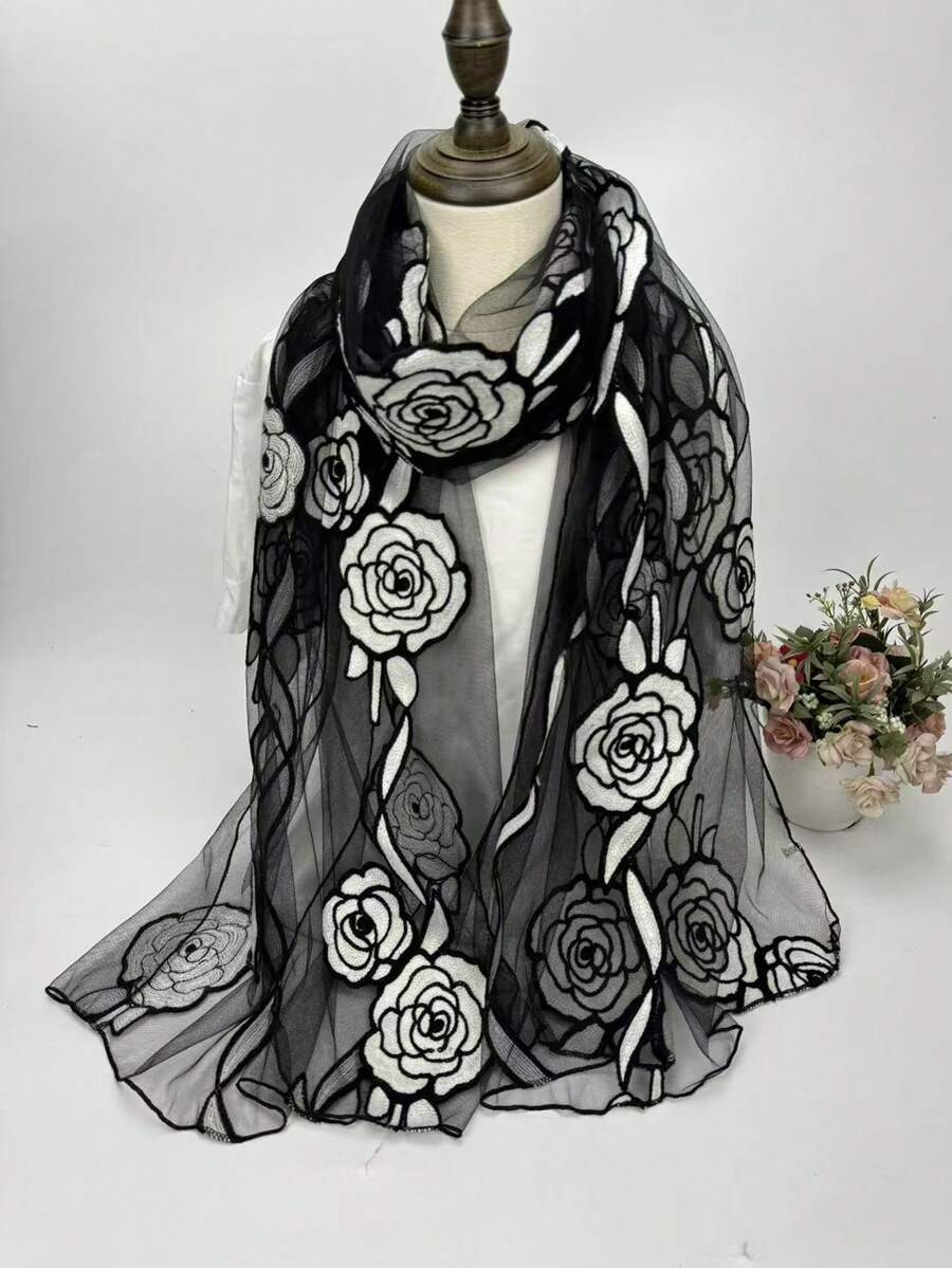 1pc Embroidered Jacquard Rose Patchwork Scarf/Shawl - Multicolor - View 1