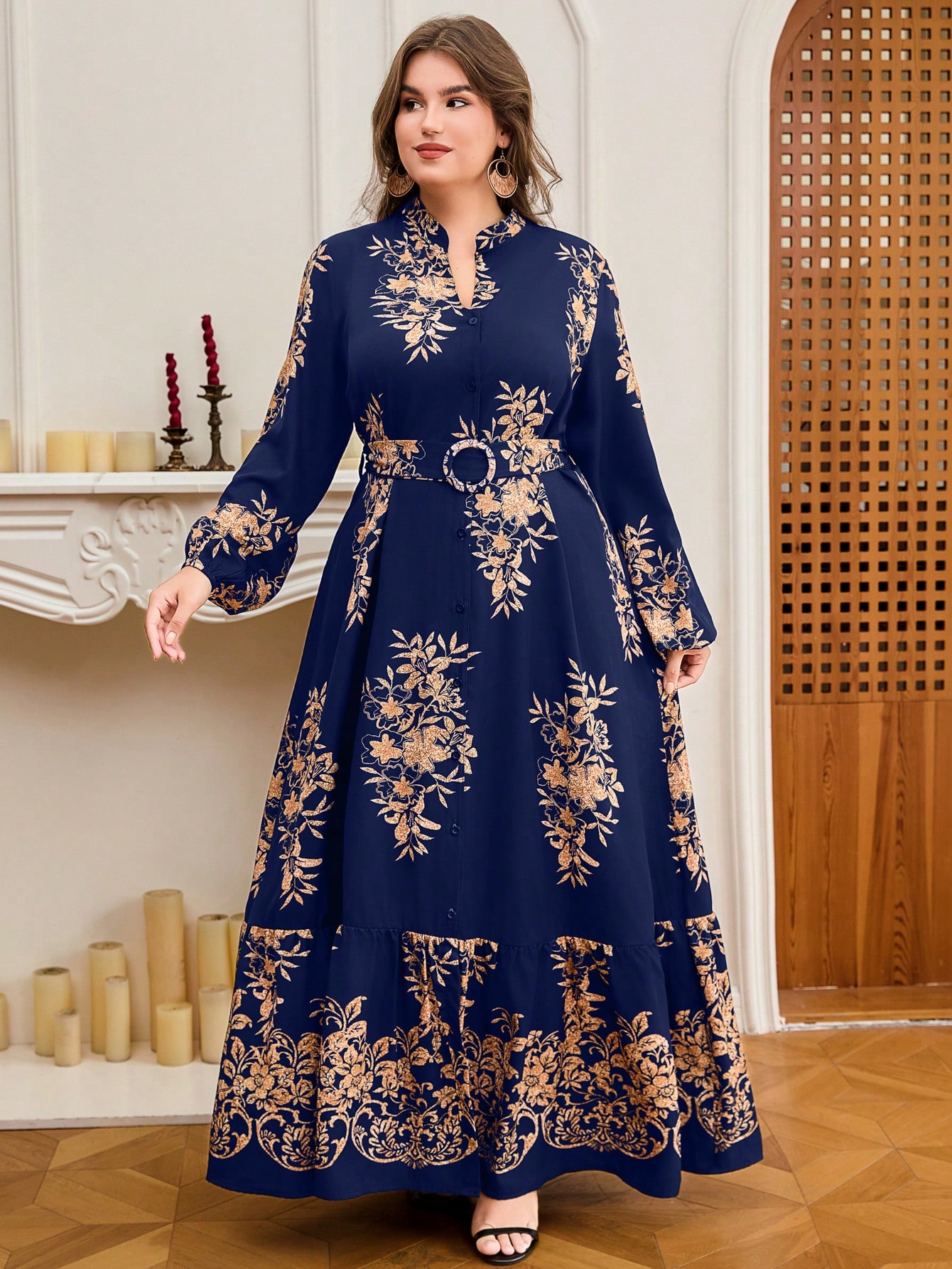 DEARCASE فستان أنيق بطبعة زهرية للمقاسات الكبيرة