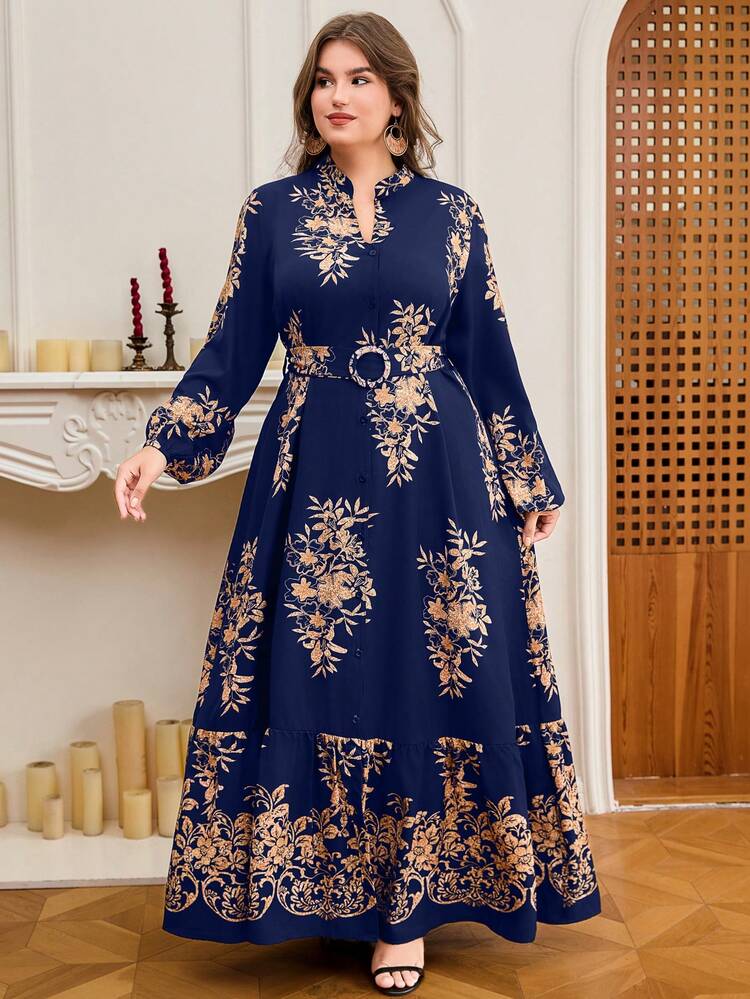 Plus Size Elegant Floral Print Dress Spring - Navy Blue - View 1