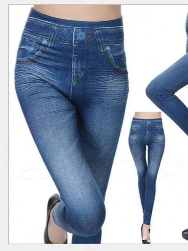 1 pièce Leggings minimalistes décontractés pour femmes, pantalon skinny à imprimé jean bleu haute élasticité, convient pour le fitness, l'entraînement, la danse, le yoga, les activités de plein air, les déplacements, élégant et confortable, respirant et galbant