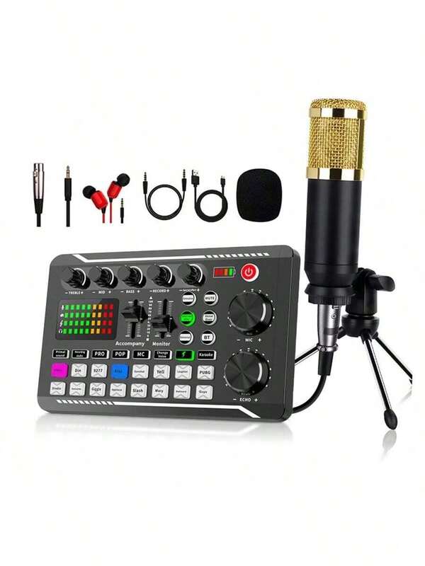 Easypie Selection Geluidskaart met laag ruisniveau en microfoonset Podcastmicrofoon geluidskaartset, professionele studiocondensatormicrofoon en F998 live-geluidsmixer Intelligente audioconverter audiomixer