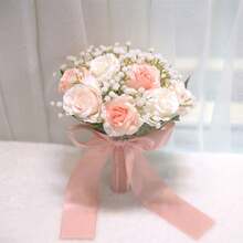 Wedding Bouquets Large For Bride Bridesmaid, Champagne Artificial Roses Flowers For Wedding Church Proposal Home Desk Center Decoration - Pink - View 2
