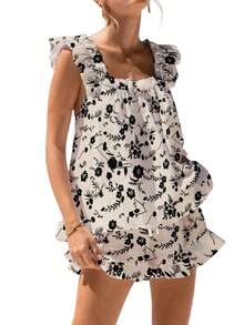 Womens Pajamas Set Bow Floral Print Ruffle Sleeveless Tank Top And Shorts Sleepwear Set Summer 2 Piece Outfits Women Floral Print Pajama Sets 2 Piece Lounge Set Ruffle Trim Sleeveless Top And Shorts Pjs Sleepwear - 黑色 - 查看 6