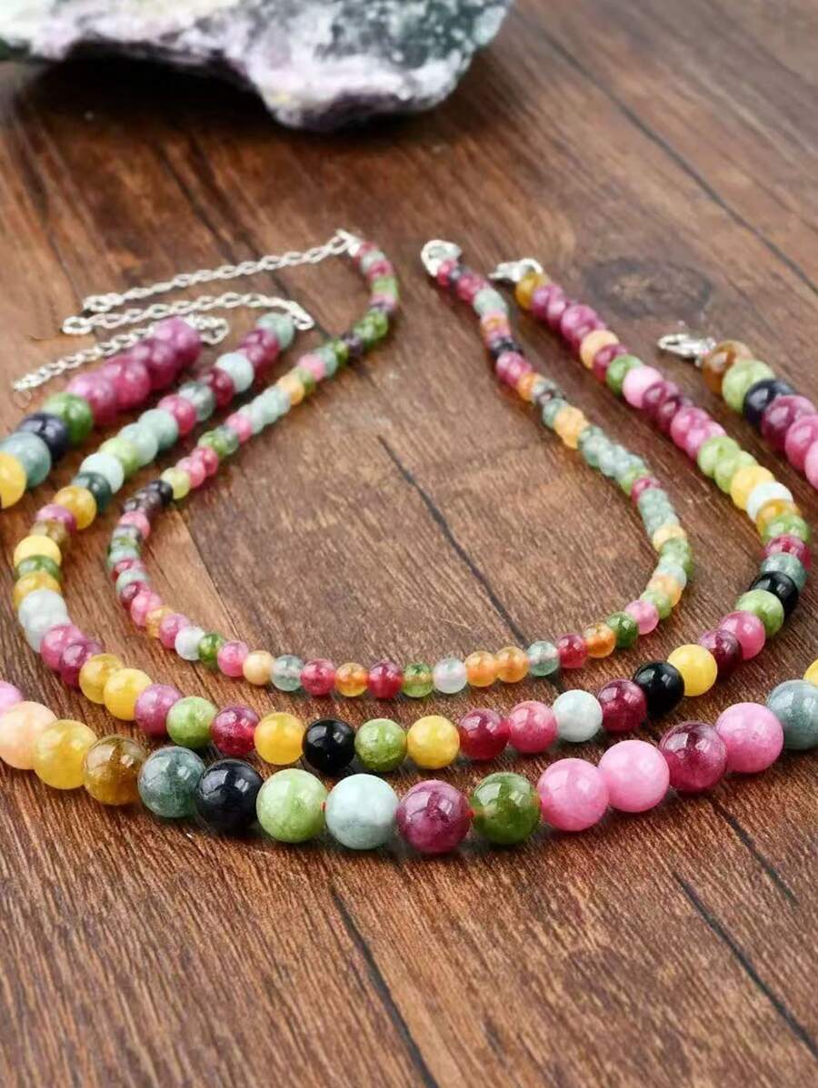 Vintage Colorful Beryl Beaded Necklace, Bohemian Style Bead Choker Necklace With Natural Stones, Gift For Women, Mother's Day Gift