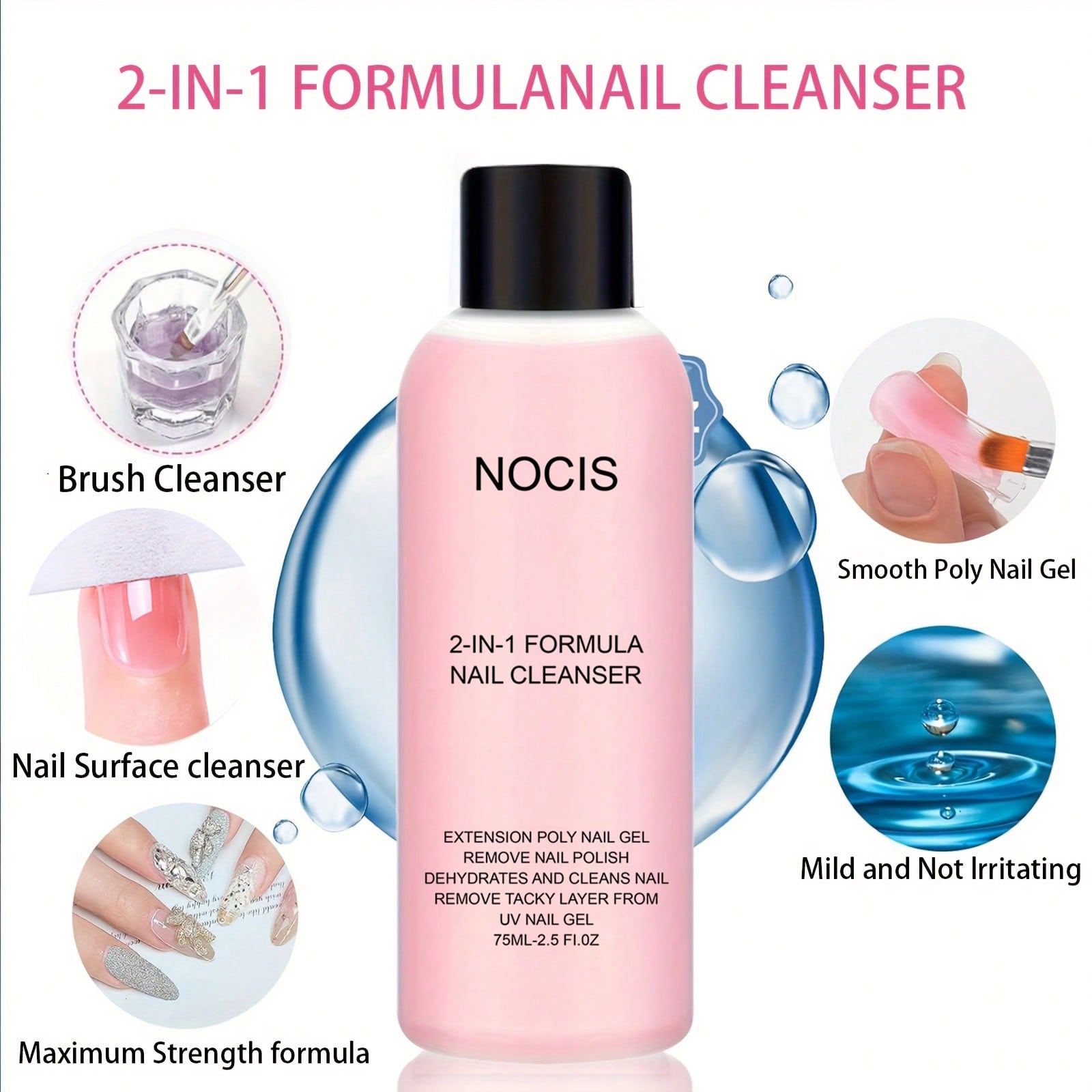 NOCIS 2-In-1 Nail Cleaner & Polish Remover - Acrylic Press On Nails | Non-Sticky Formula Effortlessly Removes Gel & Acrylics | Essential For Salon-Quality Manicures | 75ml Elegant Bottle
