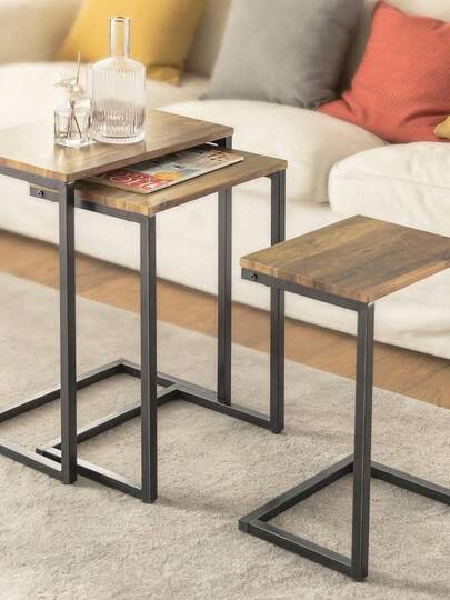 SoBuy FBT102-F, Nesting Tables Set Of 3 Coffee Tables Side Tables End Tables Living Room Tables Stacking Side Tables Nest Of Tables Nesting Tables Armchair Table Telephone Table Coffee Table Tea Table Side Table End Table Bed Side Table Living Room Furniture Brown Morden Style Minimal Style Nordic Style Metal
