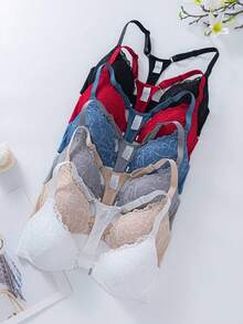 6 件女士蕾丝钢圈聚拢文胸，时尚性感前扣内衣文胸 - 彩色 - 查看 3