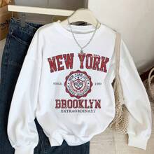 Women's Fall Clothes Brooklyn New York Vintage Pattern Printed Round Neck Sweatshirt - 100% Polyester Fiber 250gsm Heavy Model, Casual Loose Street Style Pullover For Men And Women, Machine Washable Autumn And Winter Warm