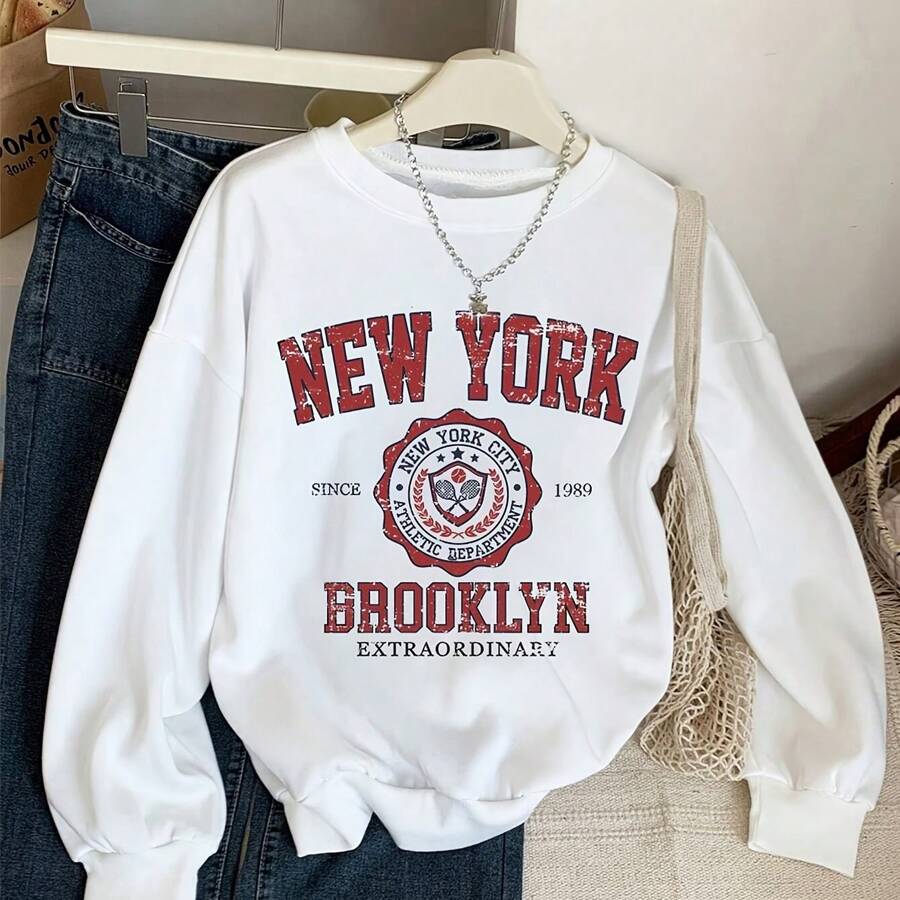 Women's Fall Clothes Brooklyn New York Vintage Pattern Printed Round Neck Sweatshirt - 100% Polyester Fiber 250gsm Heavy Model, Casual Loose Street Style Pullover For Men And Women, Machine Washable Autumn And Winter Warm