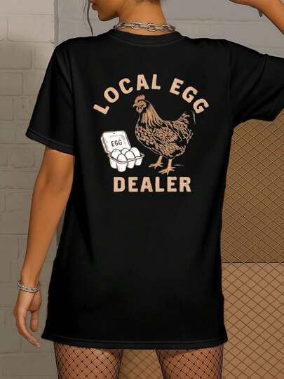 Egg Dealer Chicken Graphic Tee , Women's Double Sided Printed Fashion Casual Round Neck 220gsm Cotton T-Shirt (1 PC)