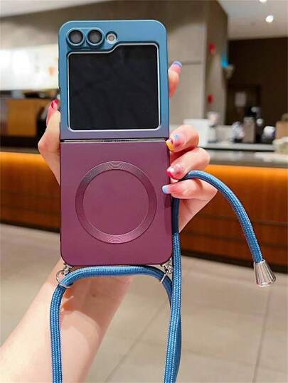 Candy Color Gradient Magnetic Wireless Charging Phone Case With Adjustable Crossbody Neckrope Lanyard Compatible With Samsung Galaxy Z Flip 7 6 5 4 3 Luxury Lens Film Protect Anti-Fingerprint Folding Back Cover Waterproof Shockproof Anti-Fall Scratch Resistant