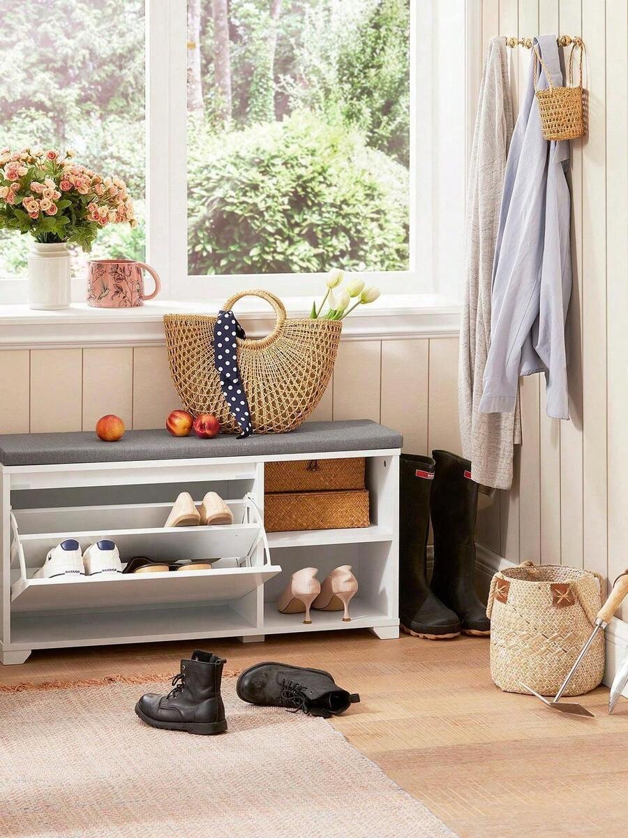 SoBuy FSR119-W, Hallway Shoe Bench Shoe Rack Shoe Cabinet With Seat Cushion And Flip-Drawer - 白色 - 查看 1