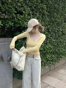 U-Neck Long Sleeve Fitted Sexy Minimalist T-Shirt Top For Women Valentine's Day, Winter/Spring - Yellow - View 6