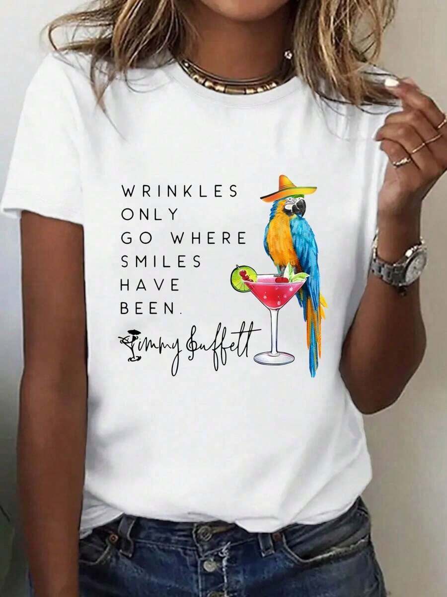 Women's Short Sleeve T-Shirt With Cotton Fabric In White Color Featuring A Parrot And Cocktail Graphic With Inspirational Quote By Jimmy Buffett - Perfect For Casual Wear And Beach Outfits - 白色 - 查看 1