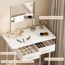 Tocador pequeño con espejo y cajones, tocador de maquillaje blanco con almacenamiento, tocador compacto para dormitorio, escritorio de maquillaje moderno para niñas, tocador ahorra espacio - 1 - Ver 5
