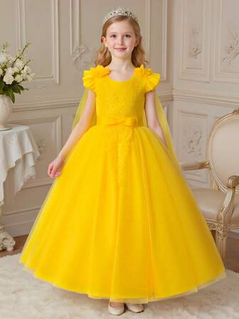 Girls Elegant Lace Princess Dress, Children's Multilayer Tulle Bowknot Party Dress, Girls Birthday Party, Wedding, Piano Recital Formal Gown With Shawl, Long Tie Back Butterfly Dress