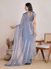 Estationeryhouse Designer Shiny Two Tone Soft Tissue Silk Saree With Antique Embroidered Border, Blouse Piece Included( Blue) - 藍色 - 查看 4