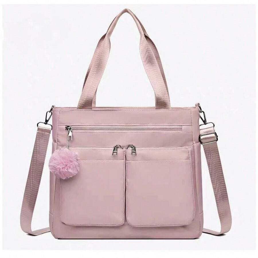 Large Capacity Multi-Zipper Lightweight Shoulder Bag, Student Handbag With PomPom - Hồng - Xem 1