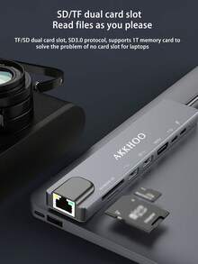 Laptop Type-C 8-In-1 Expansion Hub With Aluminum Alloy, External USB/Hard Disk, SD/TF Card Slots, 100M Ethernet Port, USB 3.0 Multifunctional Docking Station - 淺灰色 - 查看 11