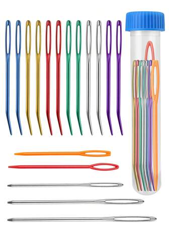 12pcs Curved Needles, 3pcs Tip Needles, 2pcs Plastic Needles, With Needle Bottle Storage, Hand Sewing Needles For Knitting DIY Tools