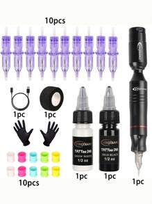Wireless Tattoo Machine Kit, Includes: 1 Bottle 15ml White Tattoo Ink, 1 Bottle 15ml Black Tattoo Ink, 10 Professional Tattoo Needles + 10 Random Color Ink Cups, 1 Data Cable, 1 Pair Black Disposable Gloves, 1 Roll Black Tattoo Bandage, Long-Lasting Battery, Supports Fast Charging, Stable Operation, Suitable For Beginner Tattoo Artists - Multicolor - View 14