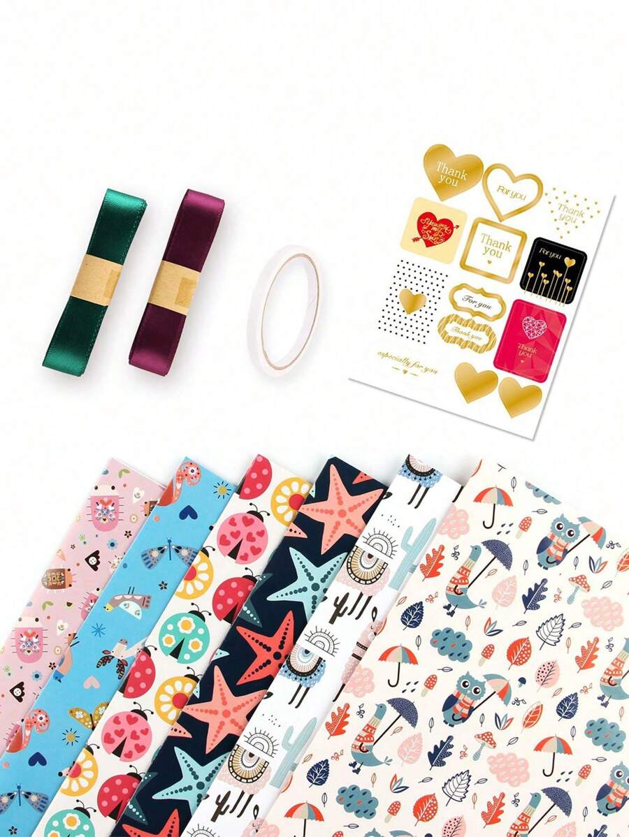 1set 6 Sheets Gift Wrapping Paper With Accessories,Holiday Gift Wrapping Paper,Birthday Gift Box Gift Wrapping DIY, Gift Wrapping Paper For Birthday, Holiday, Wedding, Party,Gift Wrapping