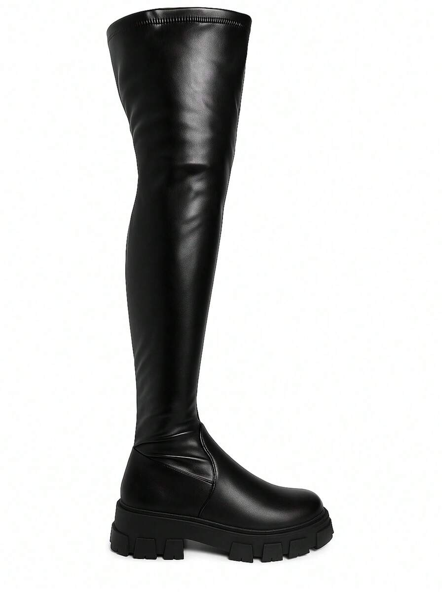 Patent Leather Over-The-Knee Tractor Heel Long Boot - Black - View 1