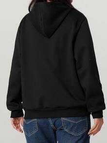 女士连帽长袖简约抓绒休闲上衣，适合日常穿着，冬季款 - 黑色 - 查看 2