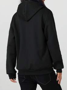 女式连帽长袖时尚拉链羊毛休闲上衣，适合日常穿着。冬季 - 黑色 - 查看 2