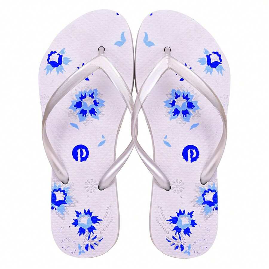 Comfortable Soft Women's Flip Flops - Blue Flower - View 1