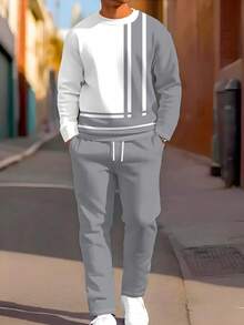 男士渐变印花圆领运动套装，狮子印花休闲卫衣和裤子套装，适合户外运动 - 灰色 - 查看 1