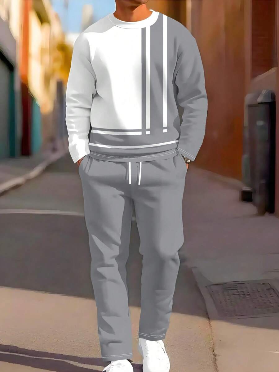 男士渐变印花圆领运动套装，狮子印花休闲卫衣和裤子套装，适合户外运动 - 灰色 - 查看 1