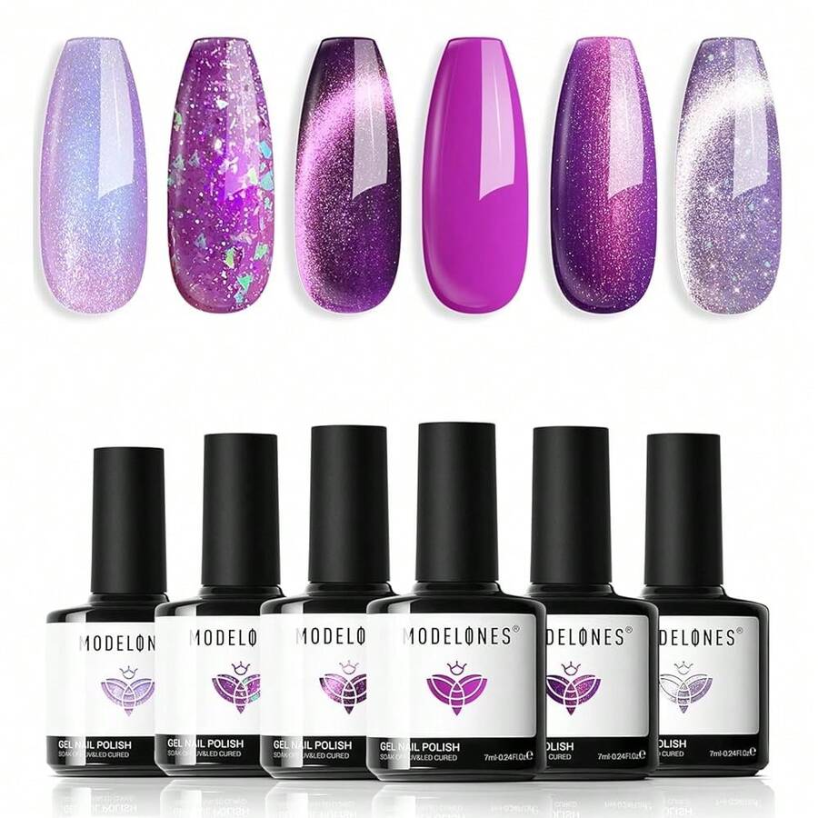 Cat Eye Gel Nail Polish Set, 6 Colors 9D Glassy Cat Eye Glitter Gel Polish Black Red Purple Blue Silver Brown Nail Polish All Seasons With Magnet Soak Off Led DIY Salon Gift-842643 - A-2薰衣草天空 - 查看 1