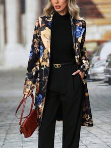 Long-Sleeved Floral Pattern Single-Breasted Suit Jacket - 藍色 - 查看 7