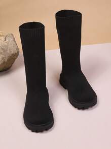 1 Pair Black Elastic Knit Toddler/Kids Leg Warmers, Round Toe Thick Sole Slip-On Design, Breathable Mid-Calf Boots, Suitable For 3-12 Years Old Boys/Girls, Casual Indoor/Outdoor Wear, Autumn/Winter