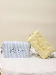 Embroidered Seersucker Cosmetic Bag, (Large + Small) Personalized Seersucker Cosmetic Bag, Custom Embroidered Toiletry Bag, Cosmetic Bag, Bridesmaid Gift, Bridal Party Gift, Cosmetic Storage Bag - Multicolor - View 11