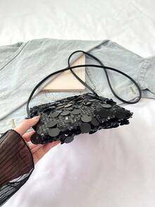 迷你亮片单肩包，个性纹理极简包，优雅手拿包，亮片手提包迷你方包，时尚亮片女士手机包，链条装饰可容纳手机和硬币，适合购物 - 黑色 - 查看 9