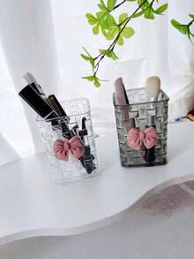 2pcs Transparent Desktop Organizer Box With Decorative Pink Bowknot,Clear Acrylic Desk Organizer,Bathroom Storage Box Toothbrush And Toothpaste Box,Desktop Pen Holder,Clear Acrylic Desktop Organizer,Luxurious Rattan Textured Desktop Storage Box,Multifunctional Organizer Rack,Pen Holder And Storage Case, Ideal For Back-To-School Supplies, Office, Dormitory,And Desk Essentials,1pc