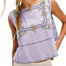 Women Flower Embroidery Tank Top Vest Sleeveless Crewneck Side Slit Going Out Top Shirts Streetwear - màu tím nhạt - Xem 2