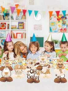 9件套 - 婴儿派对泰迪熊蜂窝中心装饰品，“Oh Baby”3D奶油色蜂窝中心装饰品，适合婴儿性别揭晓派对、婴儿生日派对礼品 - 彩色 - 查看 4
