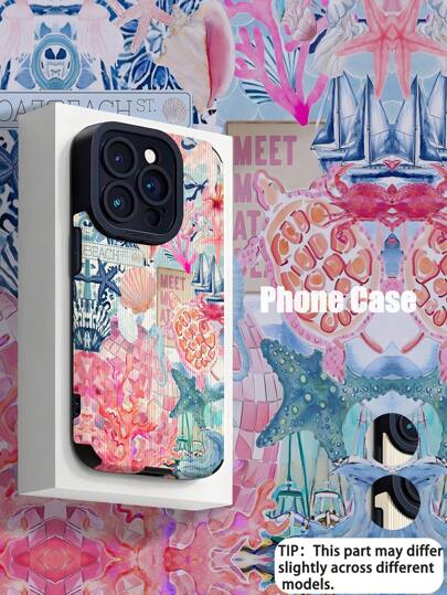 1pc Soft Silicone Phone Case With Light Blue & Pink Ocean Creature Puzzle Pattern, Vertical Stripes Faux Leather Texture, Anti-Drop, Compatible With Apple And 16/16 Plus/16 Pro/16 Pro Max Waterproof Shockproof Scratch Resistant