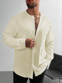 Áo sơ mi nam vải lanh kiểu cổ điển, dáng rộng, màu trơn, cổ tròn, tay dài, thích hợp làm quà tặng Ngày của Cha, đi làm và mặc hàng ngày, kiểu dáng thoải mái, lý tưởng cho kỳ nghỉ biển, cũng là một món quà Giáng sinh tuyệt vời dành cho phái mạnh, cần thiết cho mùa thu. - Màu be - Xem 2
