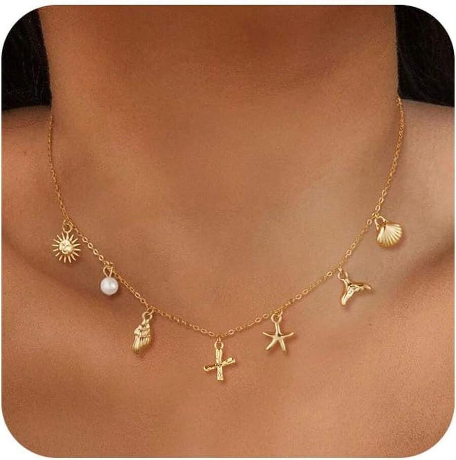 CAROVO Gold Initial Charm Necklace Women Letter A-Z Necklace 14K Gold Plated Charm Pendant Necklace Boho Summer Seashell Beach Starfish Surfer Jewelry - x - 查看 1