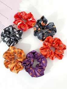 6pcs Minimalist Fashion Personalized Funny Halloween Atmosphere Satin Fabric Pumpkin, Skull, Spider, Ghost High Elastic High Ponytail Hair Scrunchies For Women, Suitable For Halloween Wear, Washing Face, Hair Accessories, Hair Ties, Scrunchy Hair Ties, Sport ,Head Piece
